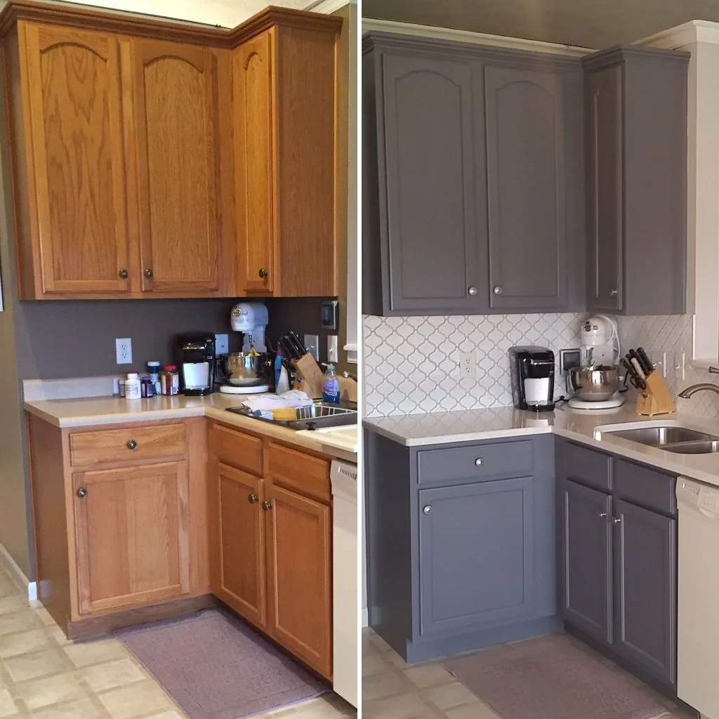 Kitchen cabinets repainted in white with new hardware, granite counters and stainless range